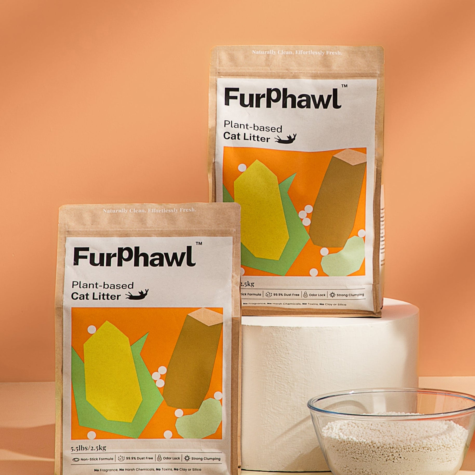 Cat sitting on a pedestal with FurPhawl Plant-based cat litter packaging on a peach background